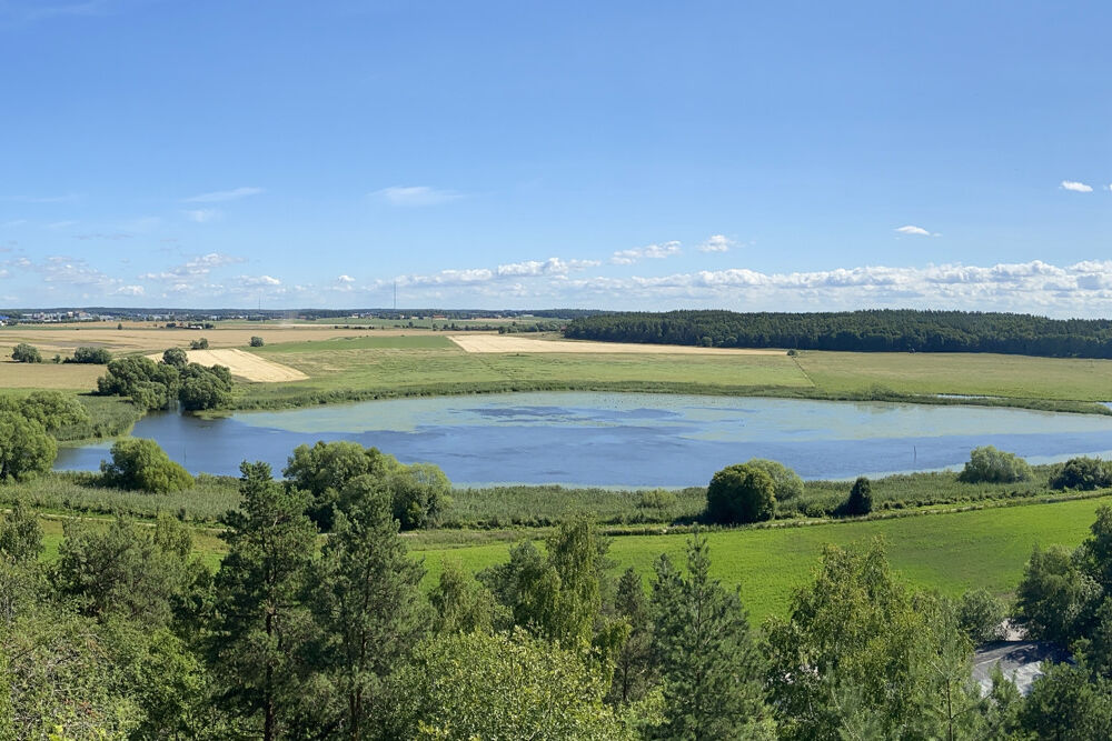 Vy över vatten, odlingsmark och skog.