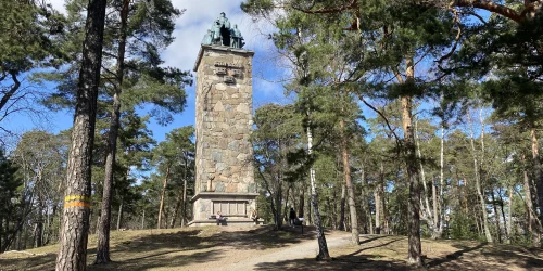 En staty står på en flera meter hög pelare av sten, omgiven av tallar.