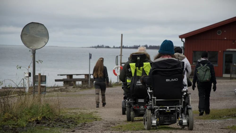 En grupp människor promenerar längs havet, några av dem kör rullstol.
