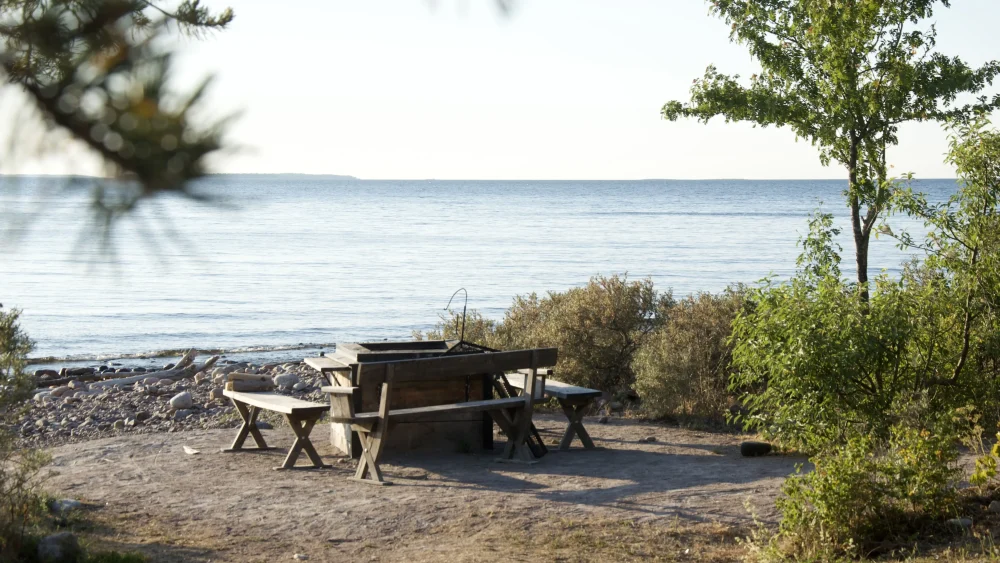 En rastplats vid havet med träbänkar som står i sanden runt en hög eldstad.
