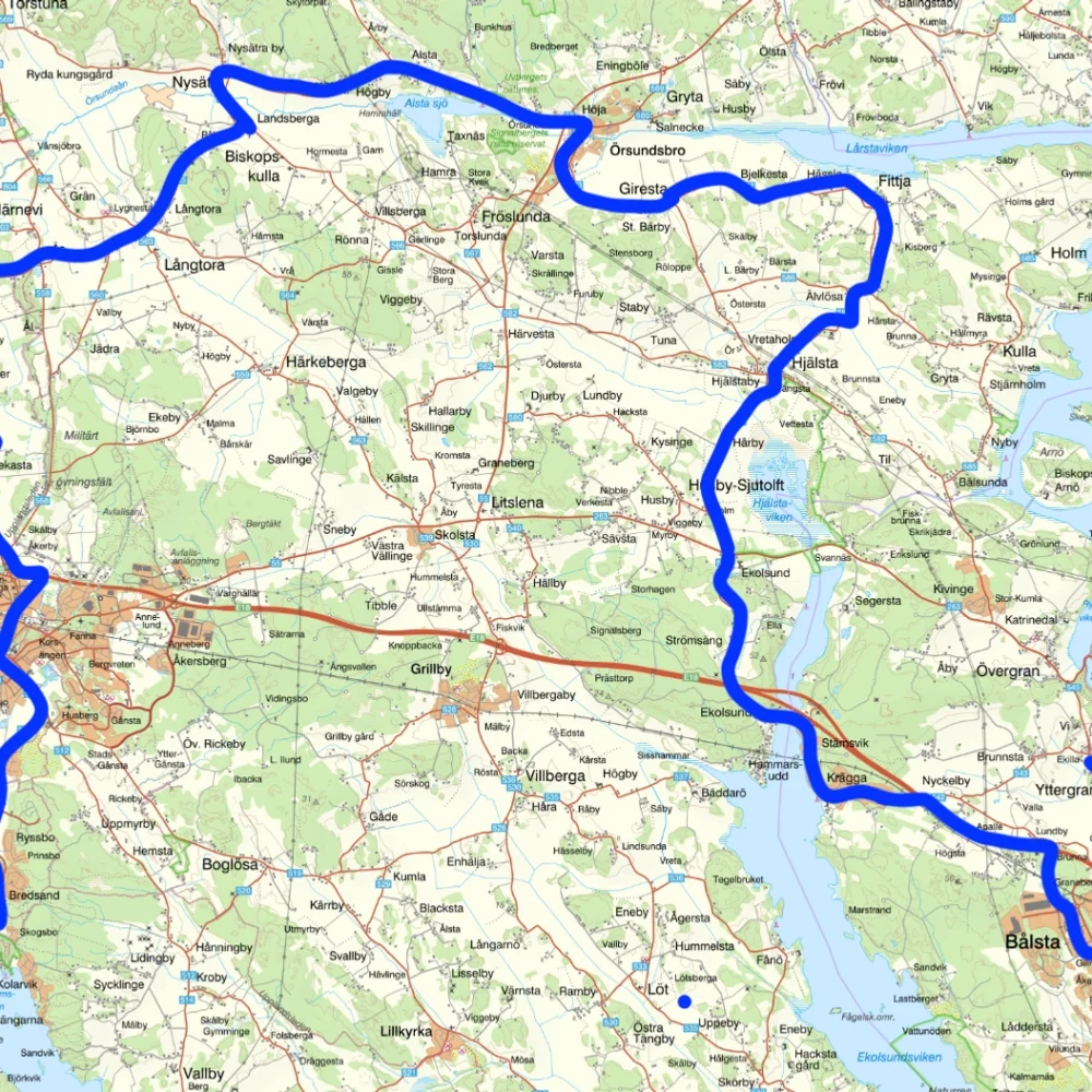 En karta med en blåmarkerad led