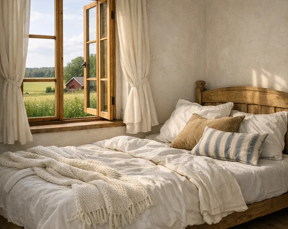 En säng intill ett öppet fönster med utsikt över åkrar.