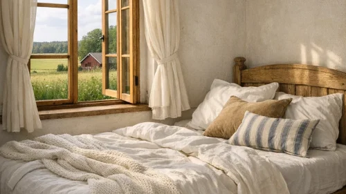 En säng intill ett öppet fönster med utsikt över åkrar.